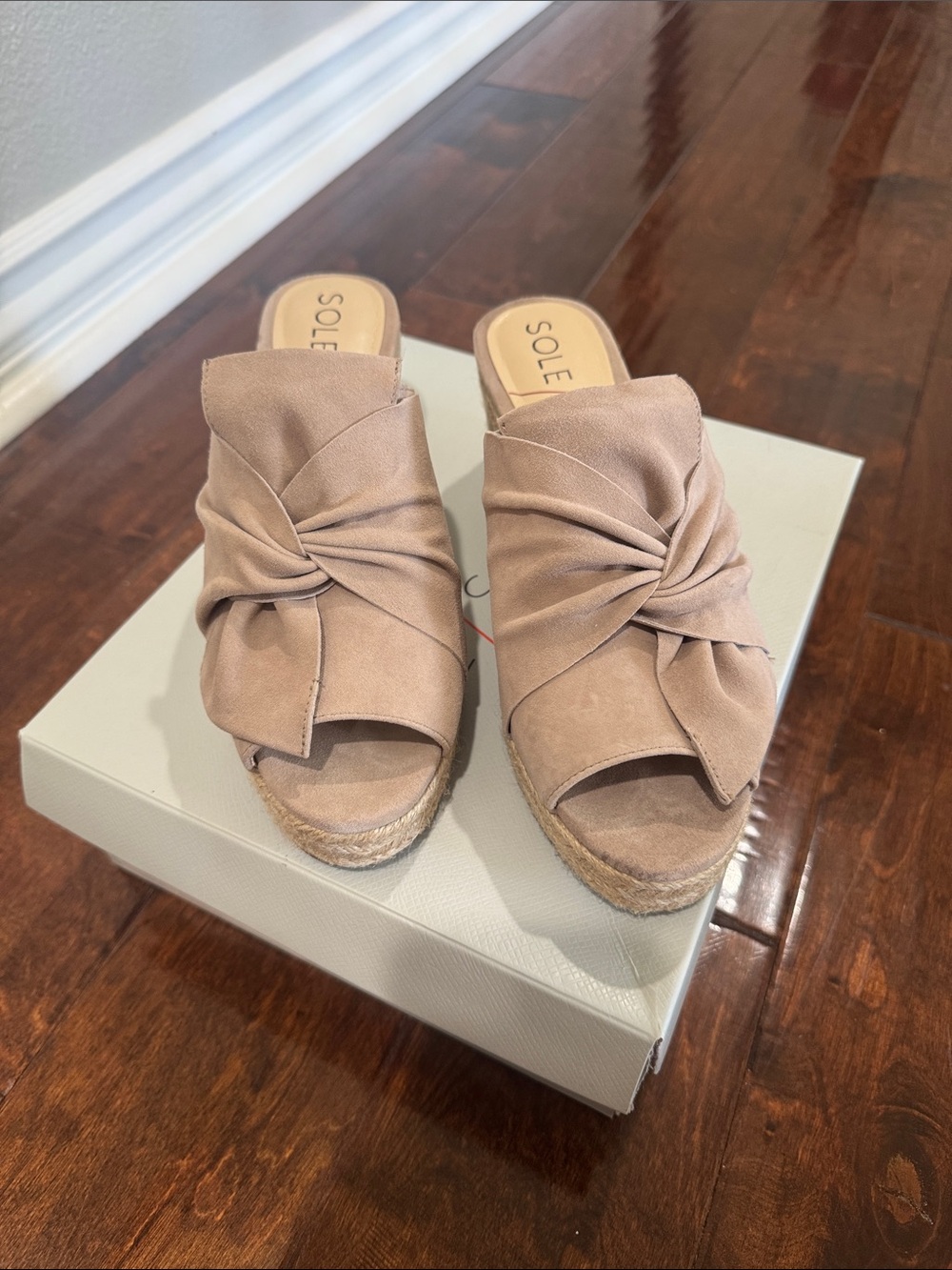 Sole Society Taupe Knotted Espadrille Wedge Slides